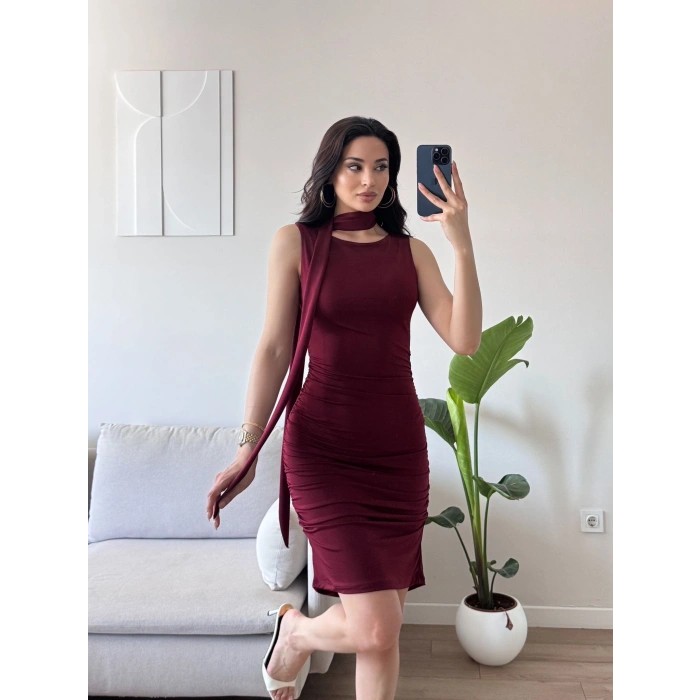 Kuşaklı Sandy Elbise - BORDO