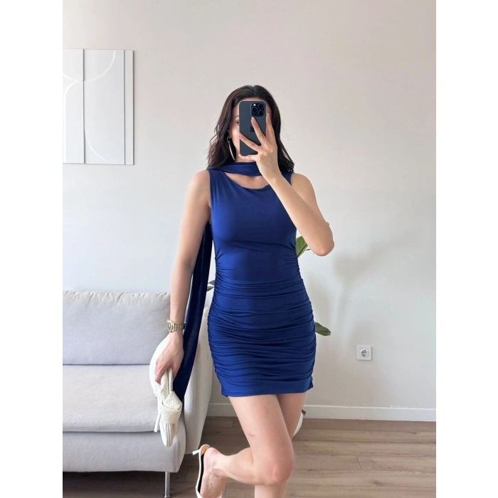 Kuşaklı Sandy Elbise - SAKS MAVİSİ