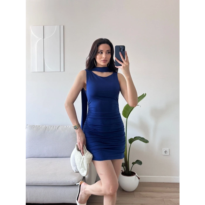 Kuşaklı Sandy Elbise - SAKS MAVİSİ