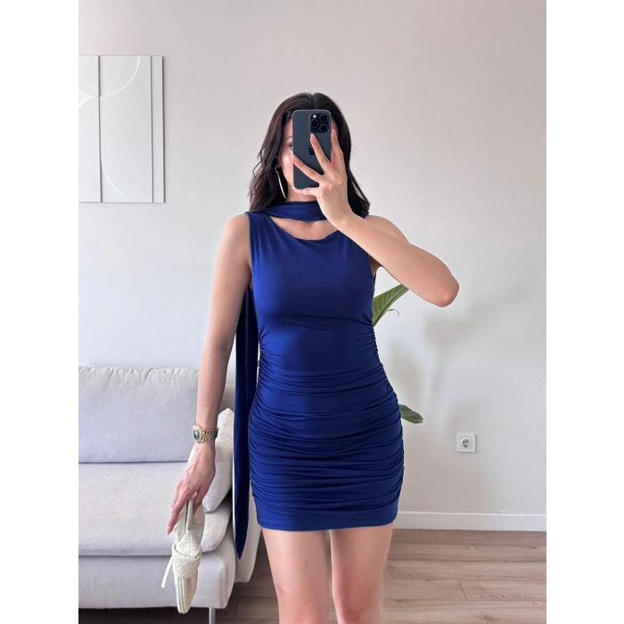 Kuşaklı Sandy Elbise - SAKS MAVİSİ