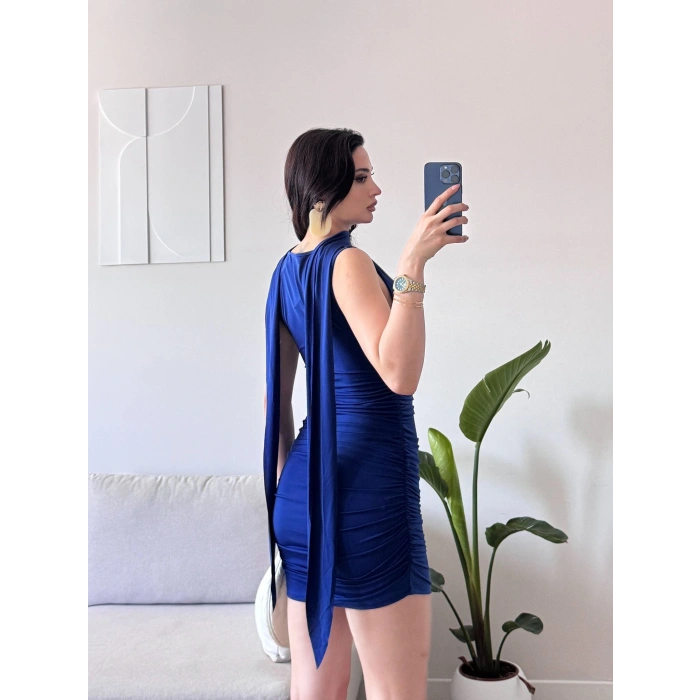 Kuşaklı Sandy Elbise - SAKS MAVİSİ