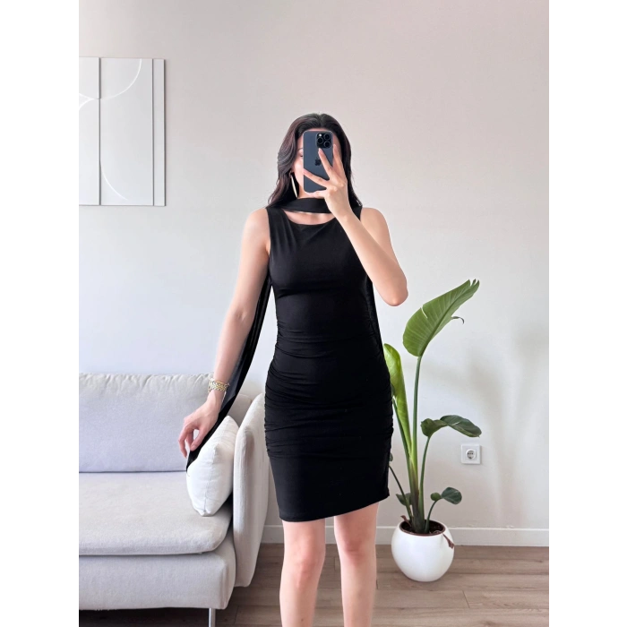 Kuşaklı Sandy Elbise - SİYAH