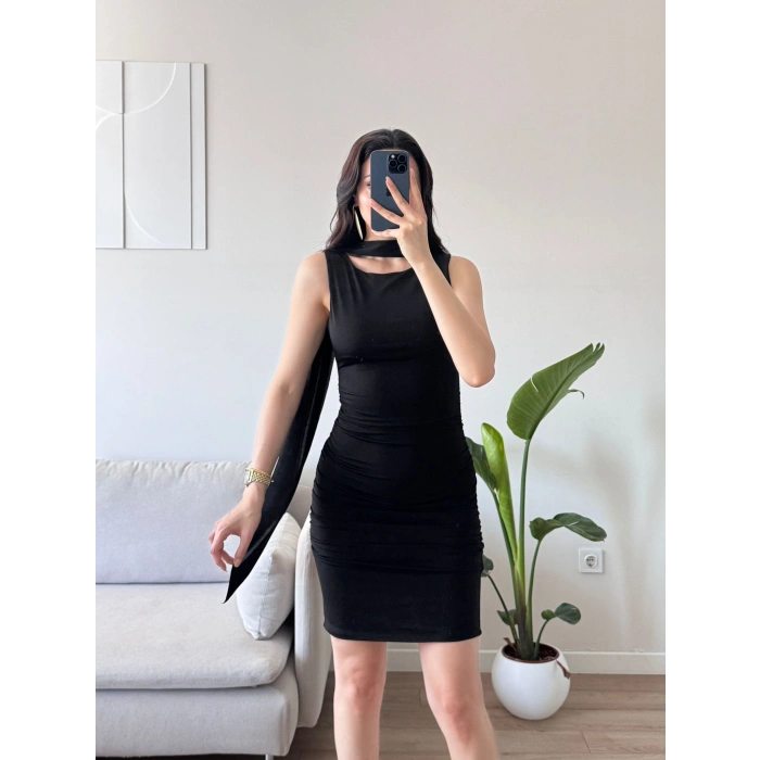 Kuşaklı Sandy Elbise - SİYAH