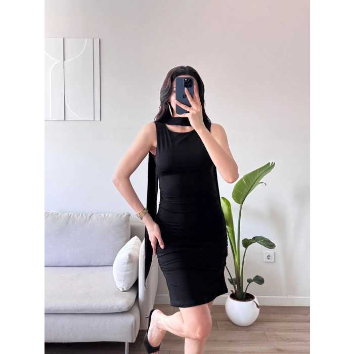 Kuşaklı Sandy Elbise - SİYAH