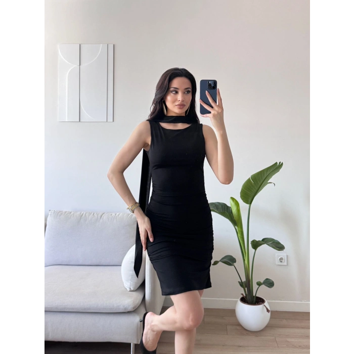 Kuşaklı Sandy Elbise - SİYAH