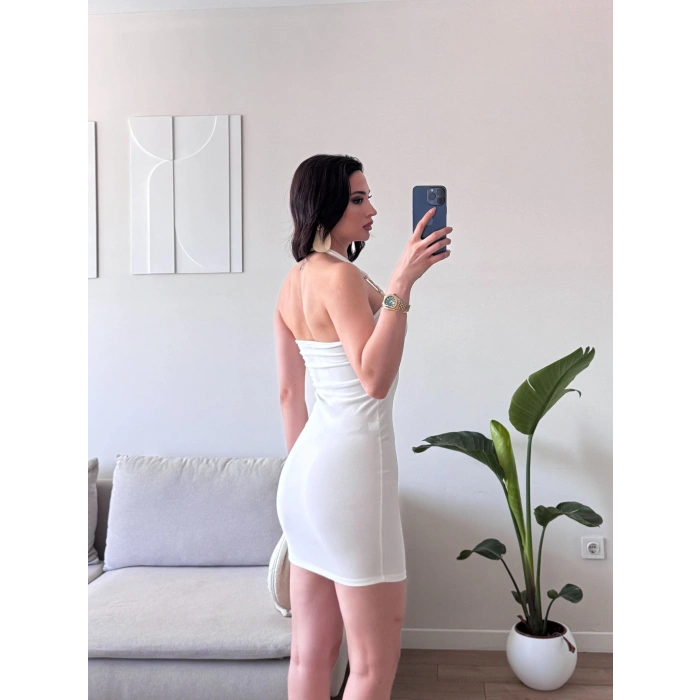 Boyun Geçmeli Aksesuar Elbise - BEYAZ