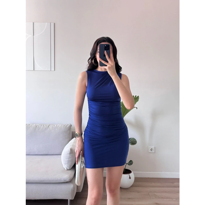 Drapeli Mini Elbise - SAKS MAVİSİ