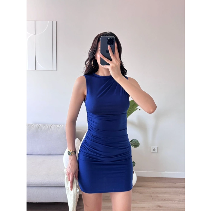 Drapeli Mini Elbise - SAKS MAVİSİ