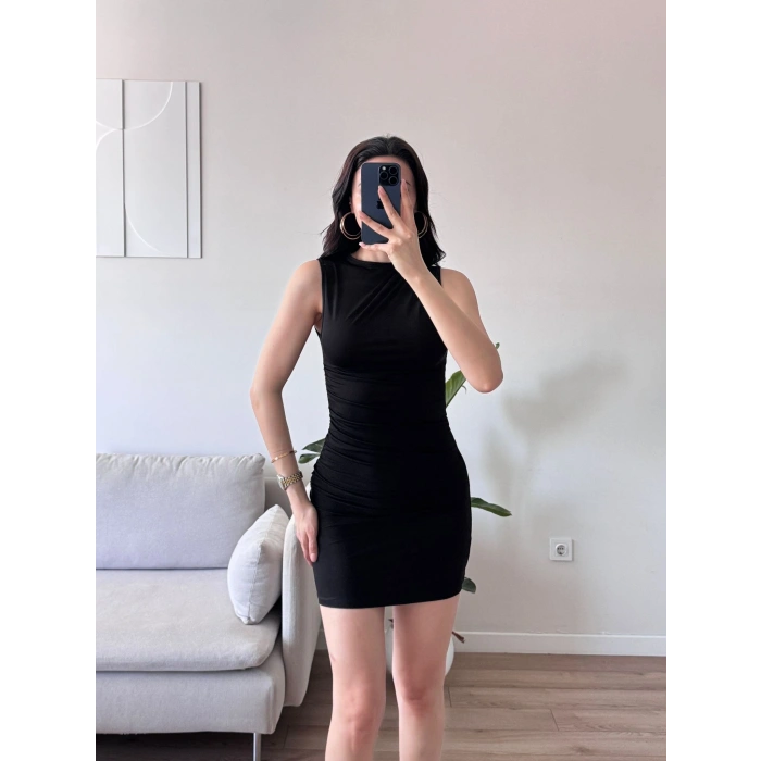 Drapeli Mini Elbise - SİYAH