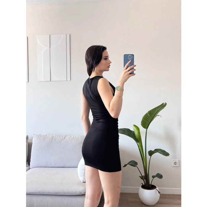 Drapeli Mini Elbise - SİYAH