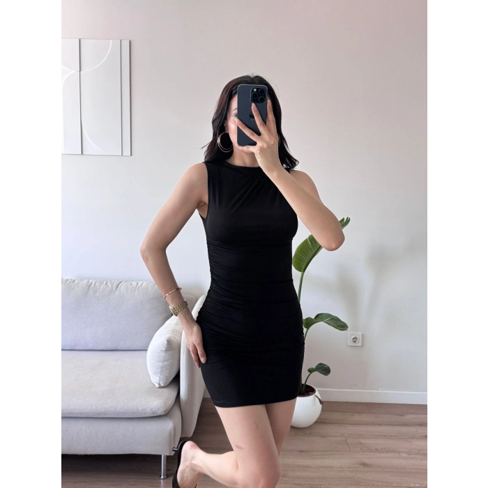 Drapeli Mini Elbise - SİYAH