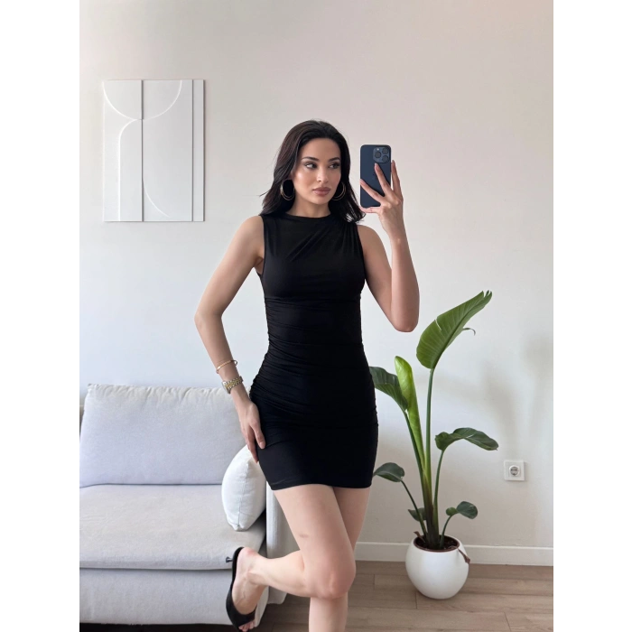 Drapeli Mini Elbise - SİYAH