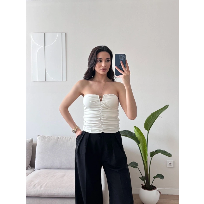 V Yaka Büstiyer Crop - BEYAZ