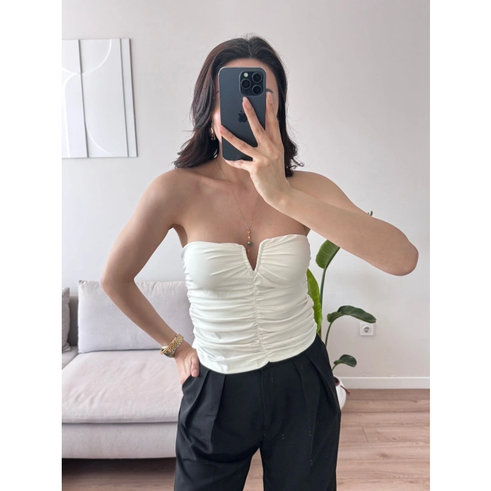 V Yaka Büstiyer Crop - BEYAZ