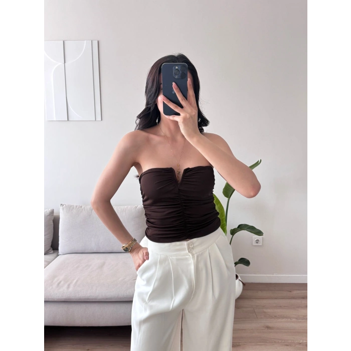 V Yaka Büstiyer Crop - KAHVE