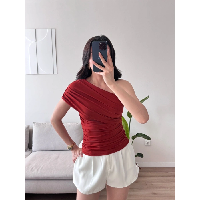 Tek Omuz Büzgülü Bluz - KIRMIZI