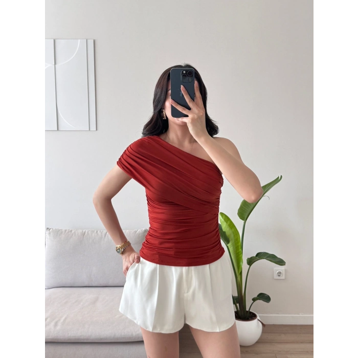 Tek Omuz Büzgülü Bluz - KIRMIZI