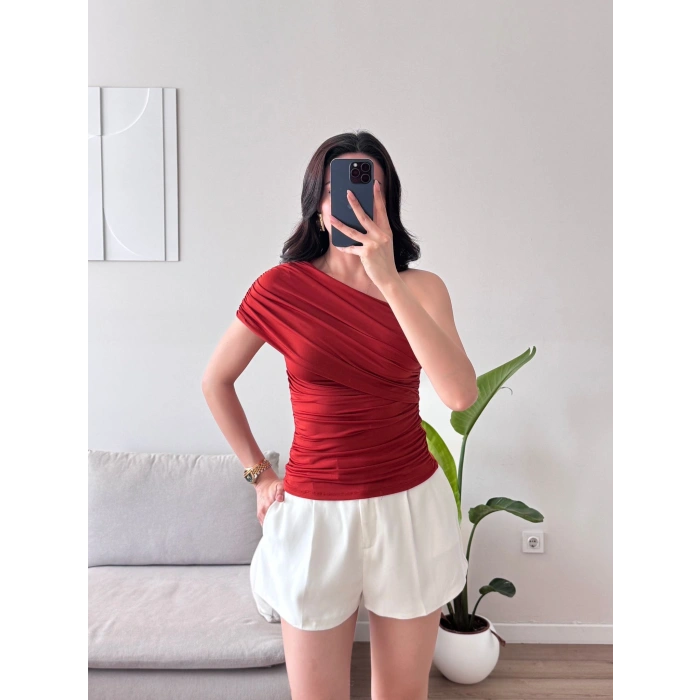 Tek Omuz Büzgülü Bluz - KIRMIZI
