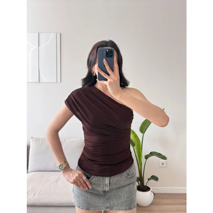 Tek Omuz Büzgülü Bluz - KAHVE