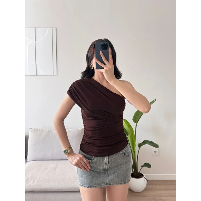 Tek Omuz Büzgülü Bluz - KAHVE