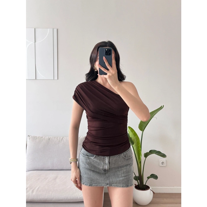 Tek Omuz Büzgülü Bluz - KAHVE