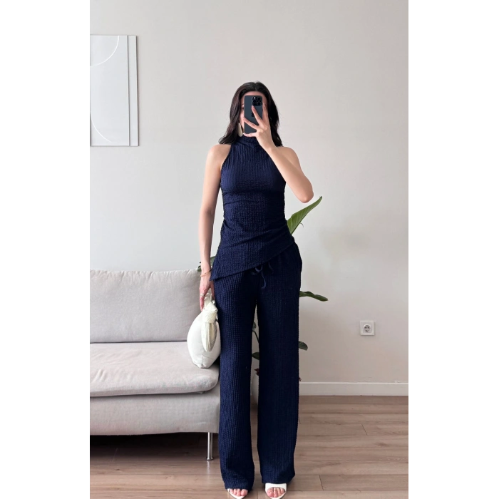 Dik Yaka Asimetrik Bluz & Pantolon Takım - LACİVERT