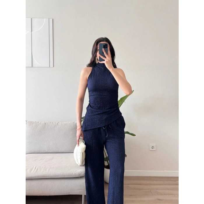 Dik Yaka Asimetrik Bluz & Pantolon Takım - LACİVERT