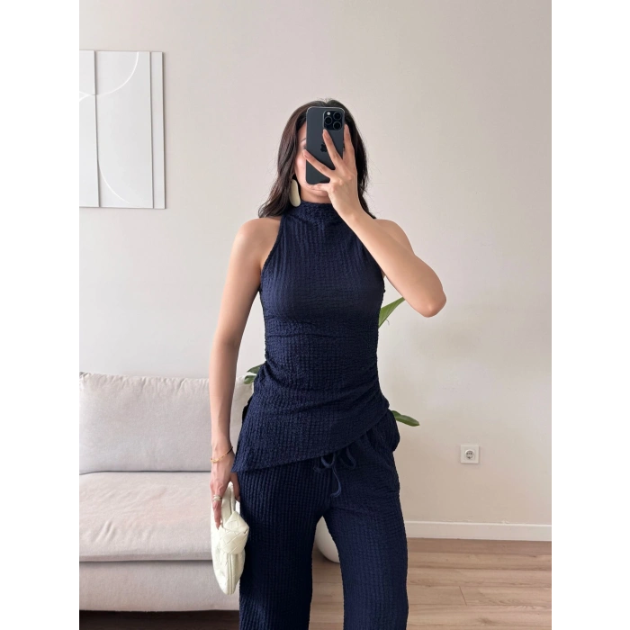 Dik Yaka Asimetrik Bluz & Pantolon Takım - LACİVERT