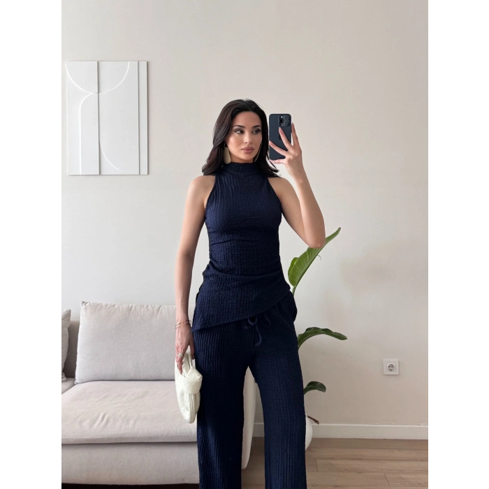 Dik Yaka Asimetrik Bluz & Pantolon Takım - LACİVERT