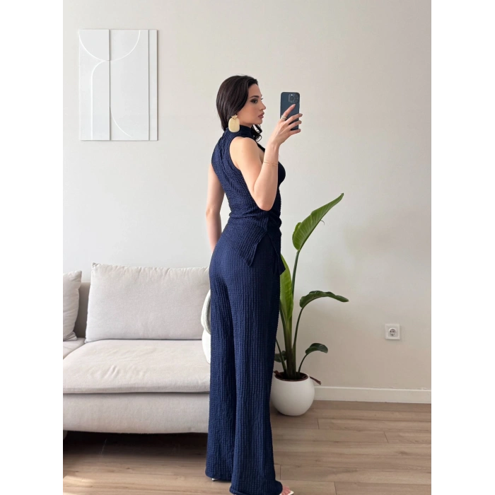 Dik Yaka Asimetrik Bluz & Pantolon Takım - LACİVERT