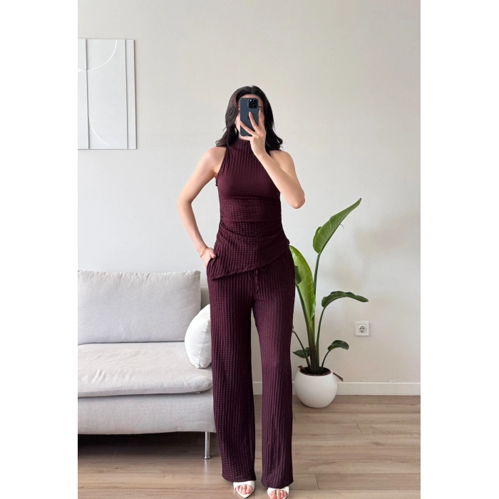 Dik Yaka Asimetrik Bluz & Pantolon Takım - KAHVE