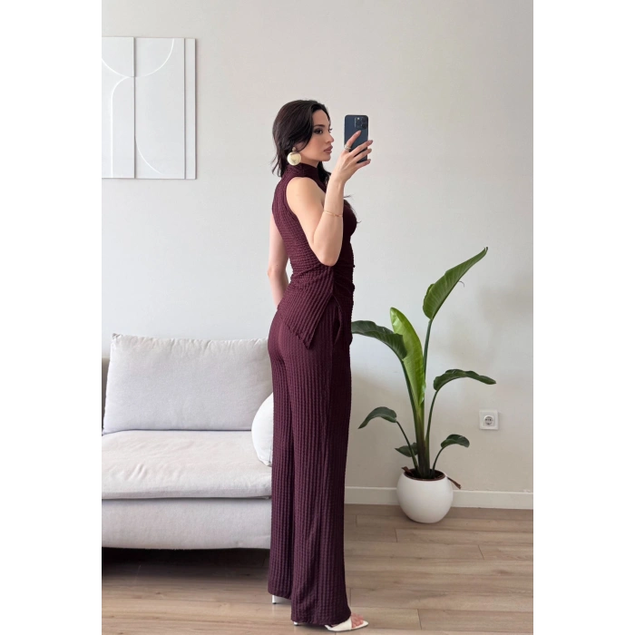 Dik Yaka Asimetrik Bluz & Pantolon Takım - KAHVE