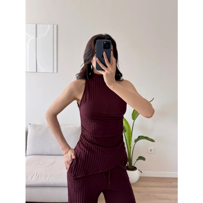 Dik Yaka Asimetrik Bluz & Pantolon Takım - KAHVE