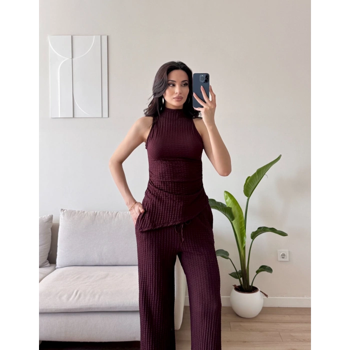 Dik Yaka Asimetrik Bluz & Pantolon Takım - KAHVE