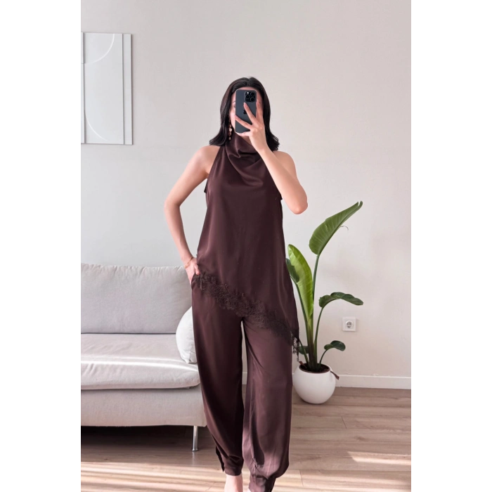 Dantel Detay Bluz & Balon Pantolon Takım - KAHVE
