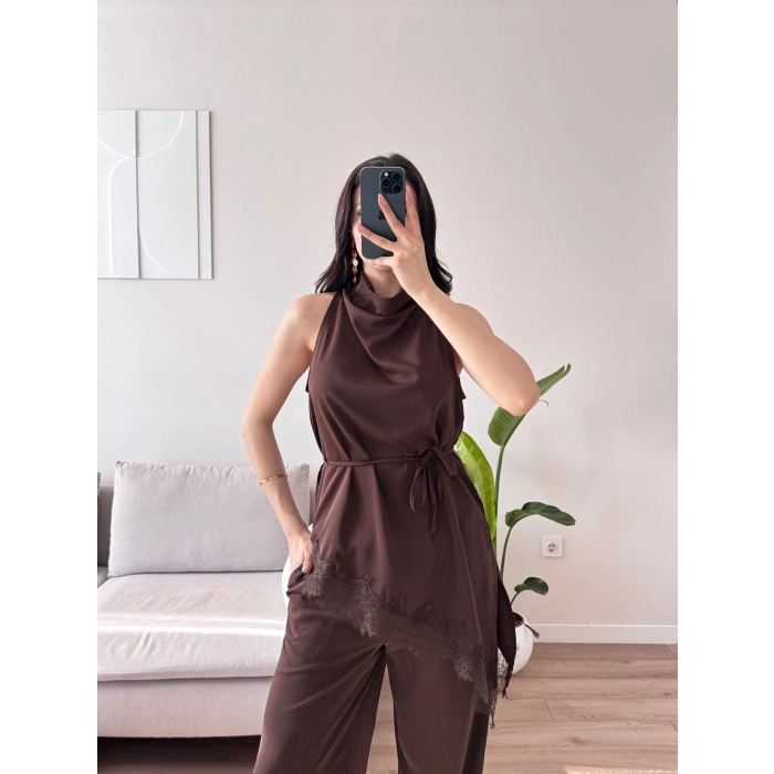 Dantel Detay Bluz & Balon Pantolon Takım - KAHVE