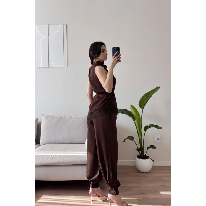 Dantel Detay Bluz & Balon Pantolon Takım - KAHVE