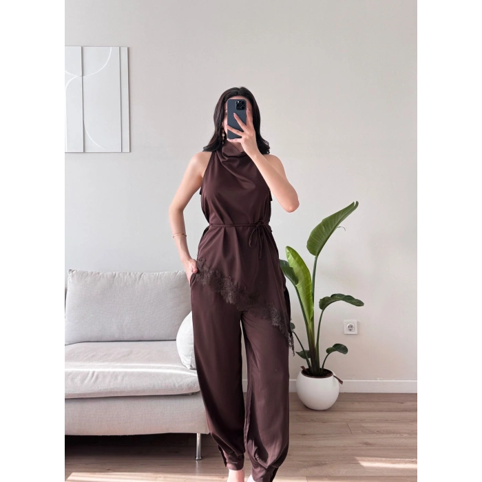 Dantel Detay Bluz & Balon Pantolon Takım - KAHVE