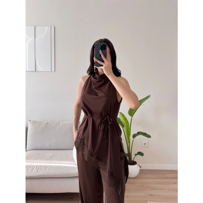 Dantel Detay Bluz & Balon Pantolon Takım - KAHVE