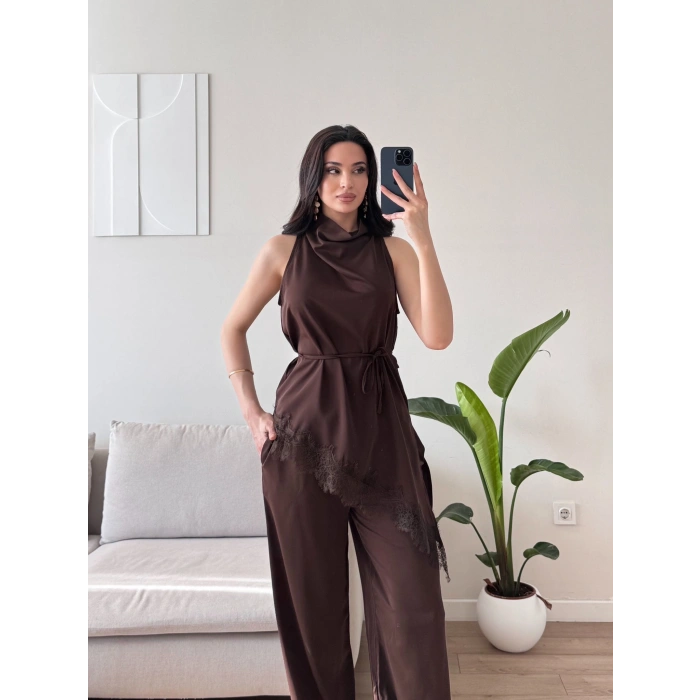 Dantel Detay Bluz & Balon Pantolon Takım - KAHVE