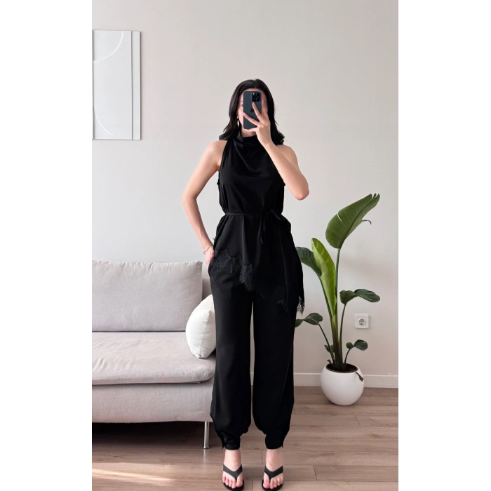 Dantel Detay Bluz & Balon Pantolon Takım - SİYAH