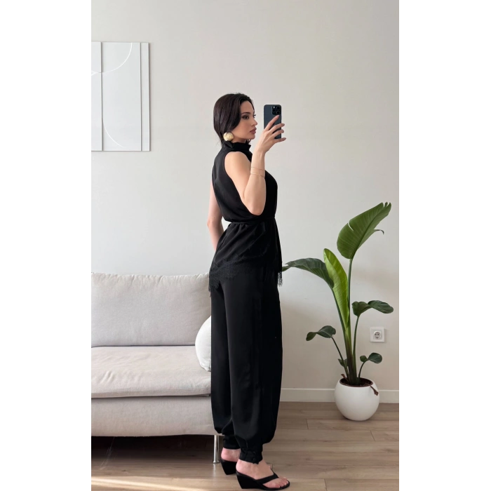 Dantel Detay Bluz & Balon Pantolon Takım - SİYAH