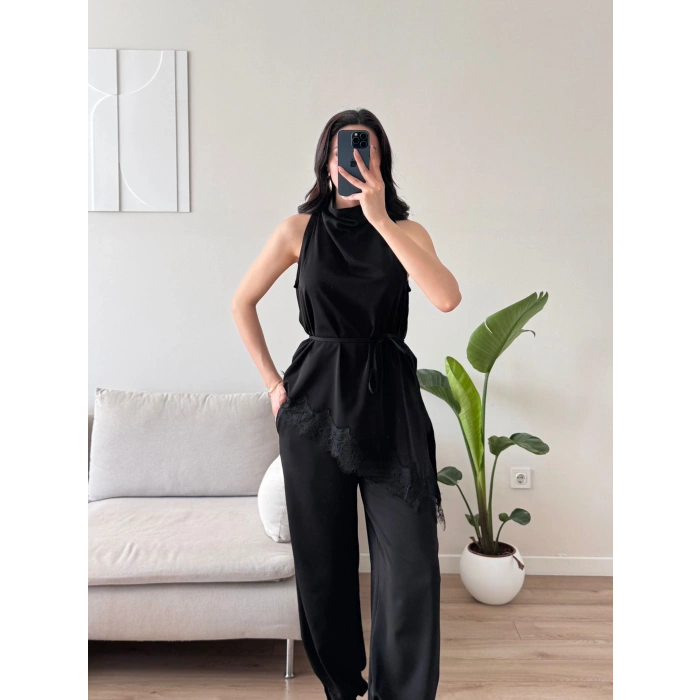 Dantel Detay Bluz & Balon Pantolon Takım - SİYAH