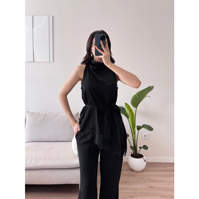 Dantel Detay Bluz & Balon Pantolon Takım - SİYAH