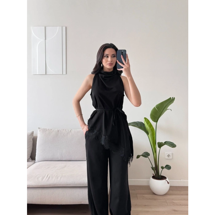Dantel Detay Bluz & Balon Pantolon Takım - SİYAH