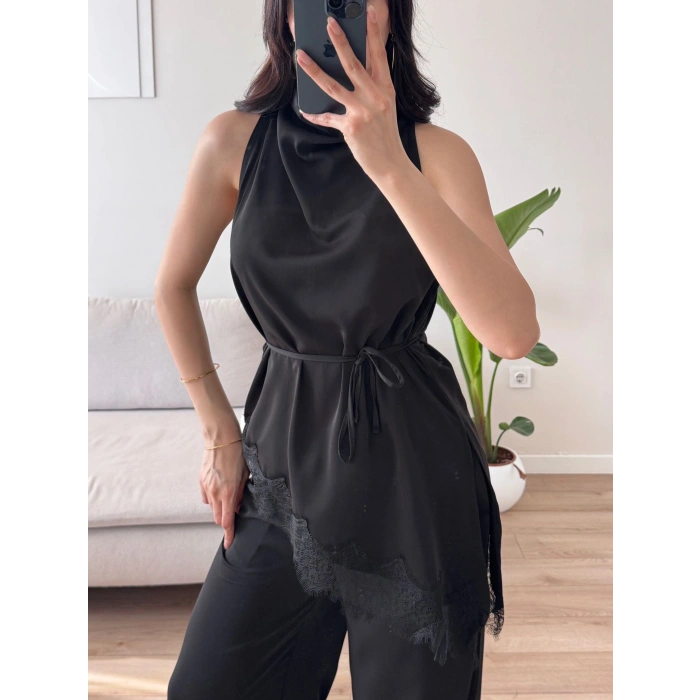 Dantel Detay Bluz & Balon Pantolon Takım - SİYAH