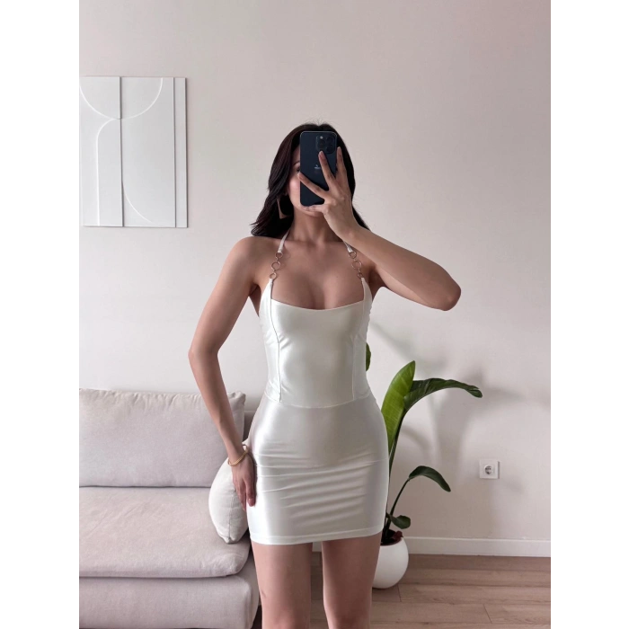 Aksesuarlı Saten Mini Elbise - BEYAZ