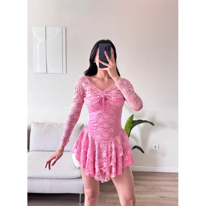Dantel Kol Ön Büzgülü Elbise - PEMBE