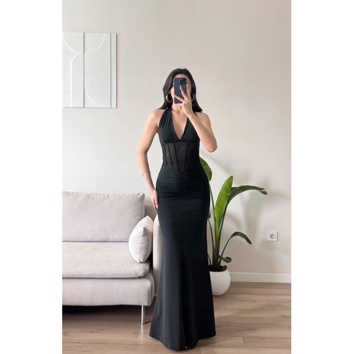 Bel Korse Maxi Elbise - SİYAH