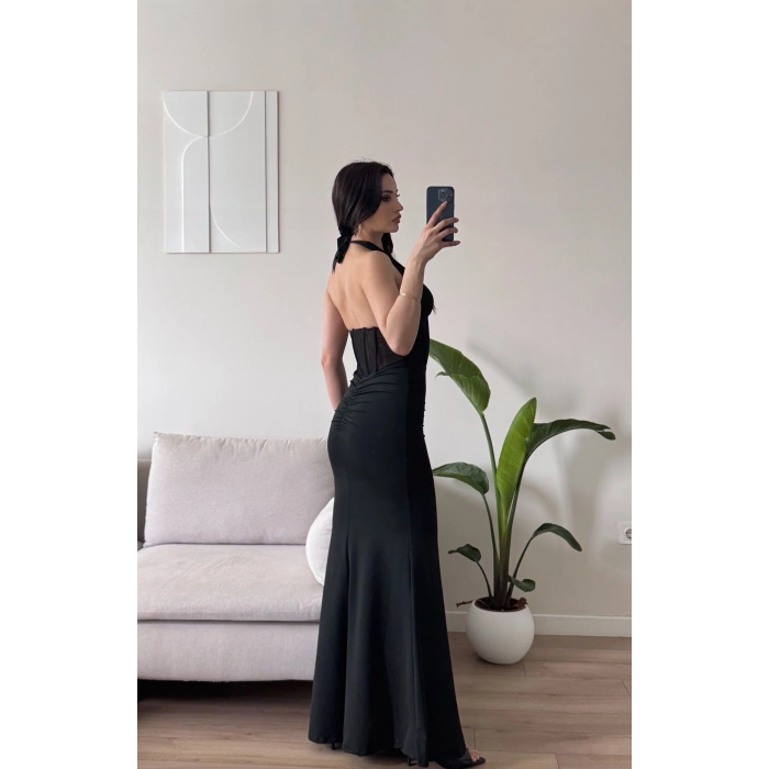 Bel Korse Maxi Elbise - SİYAH